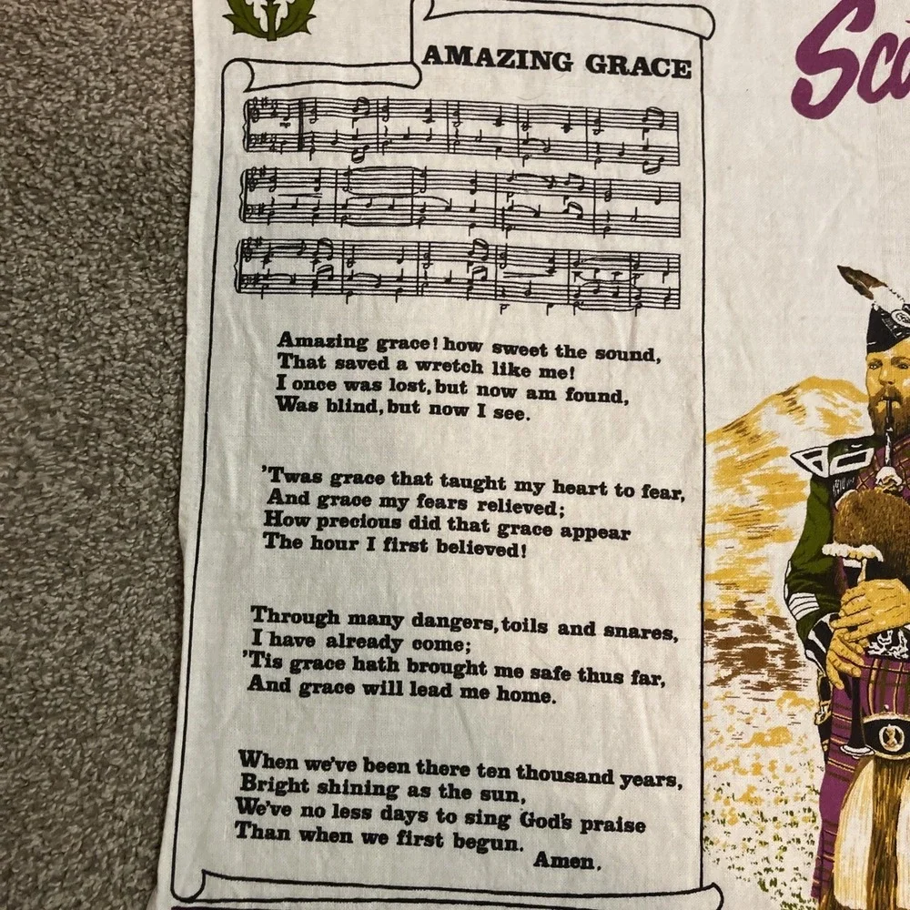 Linen Tea‎ Towel Souvenir of Scotland Kirkcaldy Lockhart Amazing Grace Bagpipe